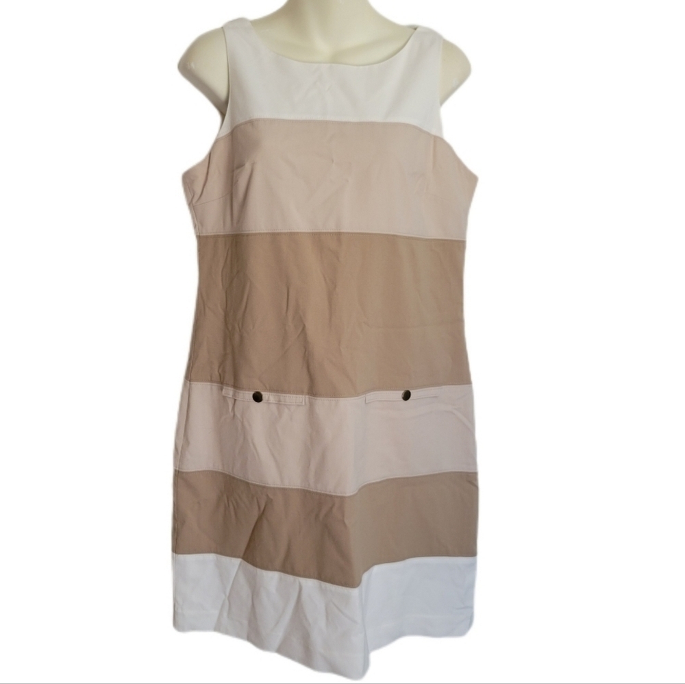 WHBM wide neutral stripe faux button pocket sleeveless shift dress size 6